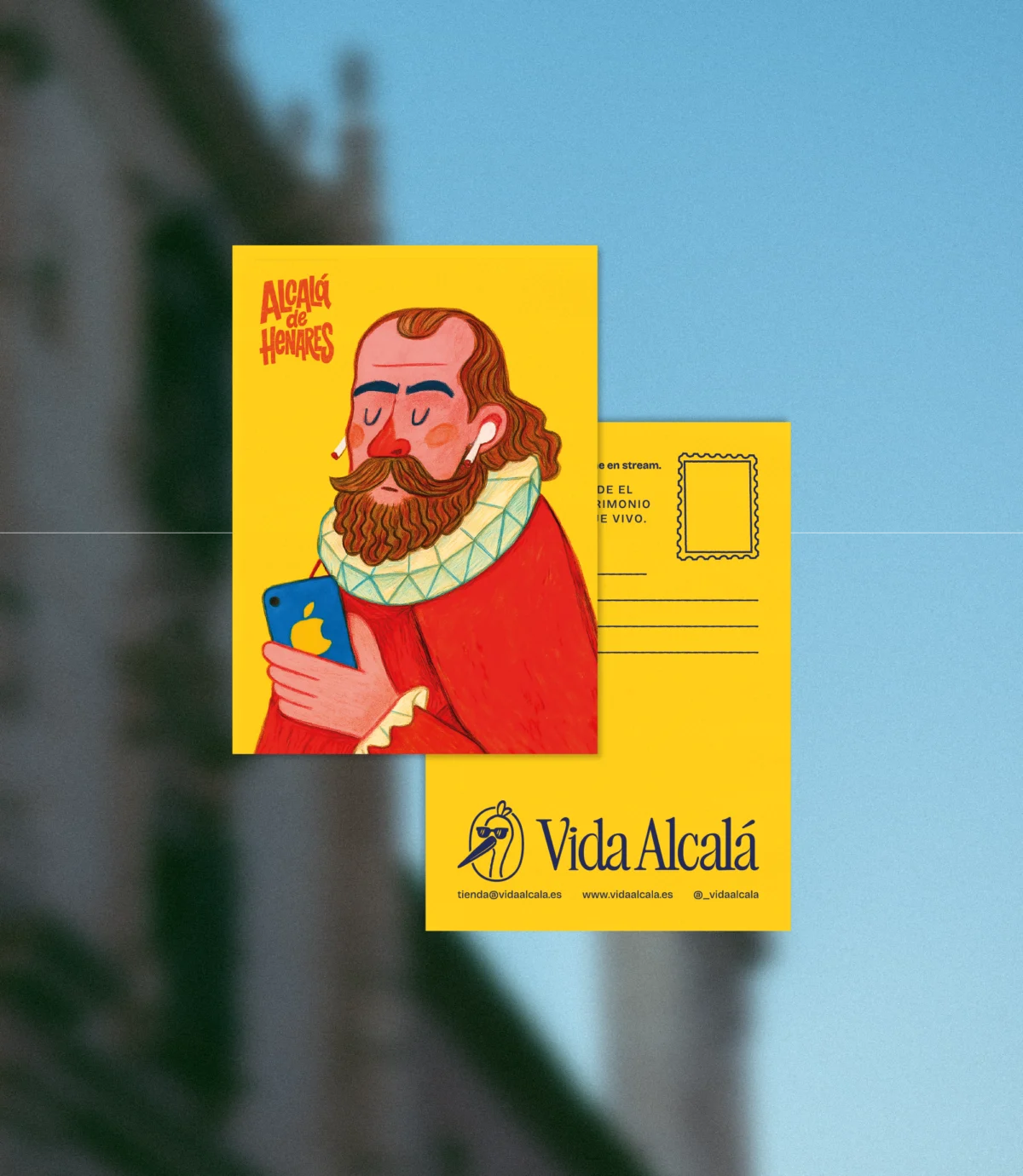 Postal ilustrada con vibrantes colores que celebran la esencia de Alcalá de Henares. __________