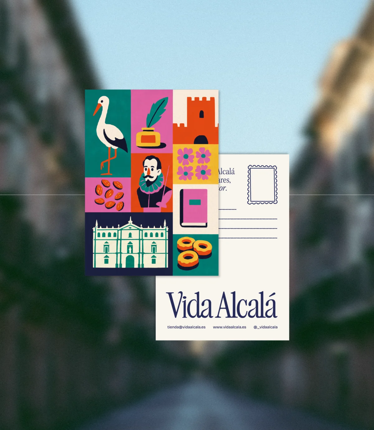 Postal impresa en cartulina de calidad con vibrantes ilustraciones de Alcalá, perfecta para tus mensajes: __________