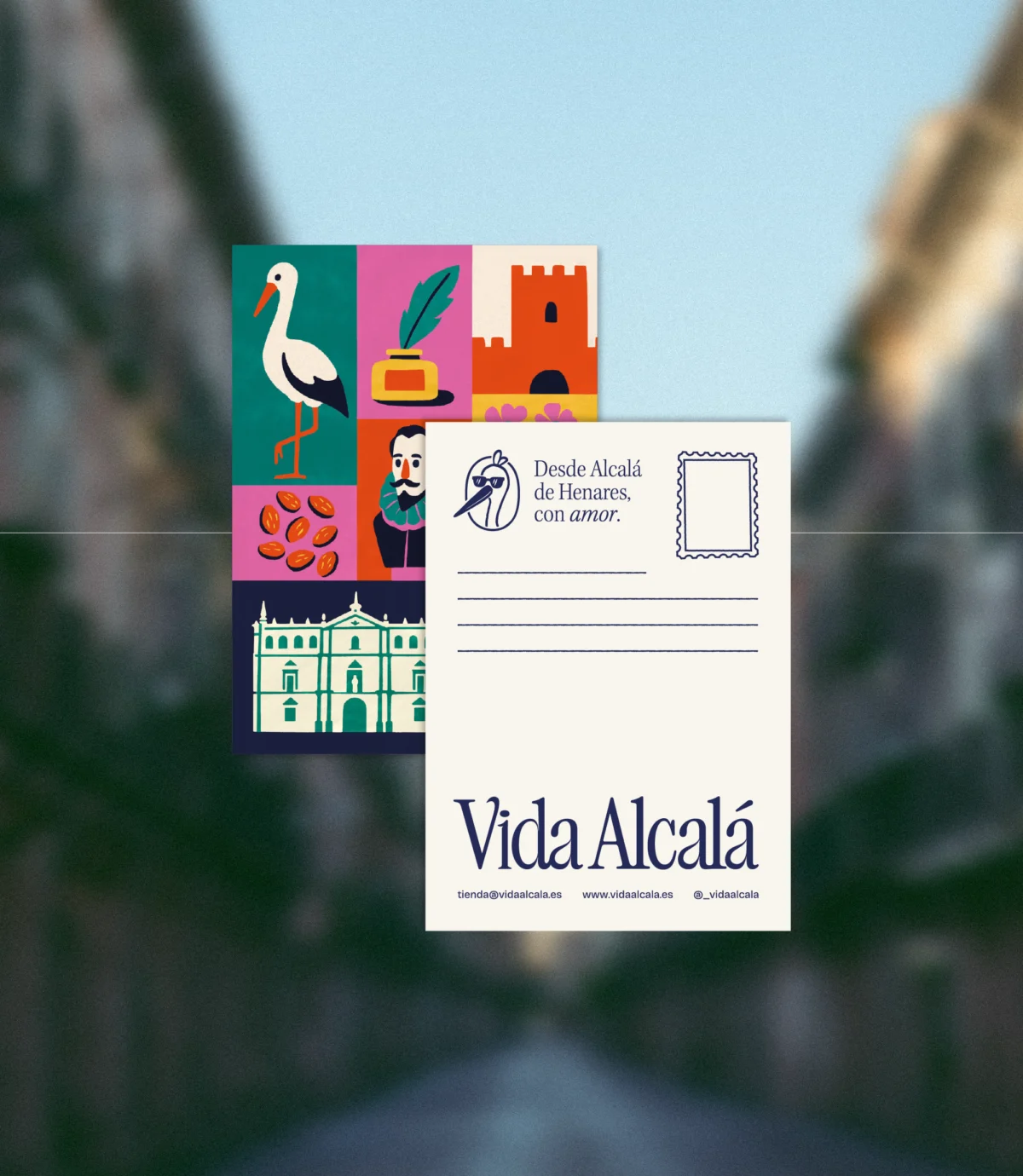 Postal impresa en cartulina de calidad con vibrantes ilustraciones de Alcalá, perfecta para tus mensajes: __________
